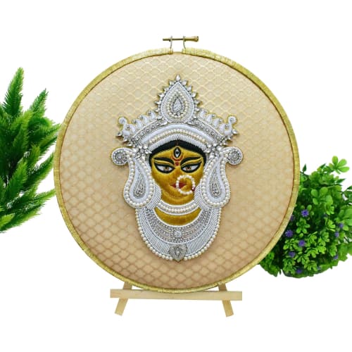 Handmade Hoop Art Embroidery Of Hindu God Maa Durga | Wall Hangings by MagicSimSim