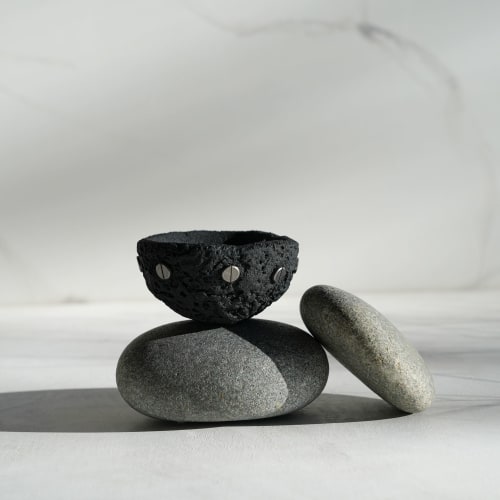 Small Treasure Bowl in Black Concrete with Silver Rivets | Decorative Objects by Carolyn Powers Designs