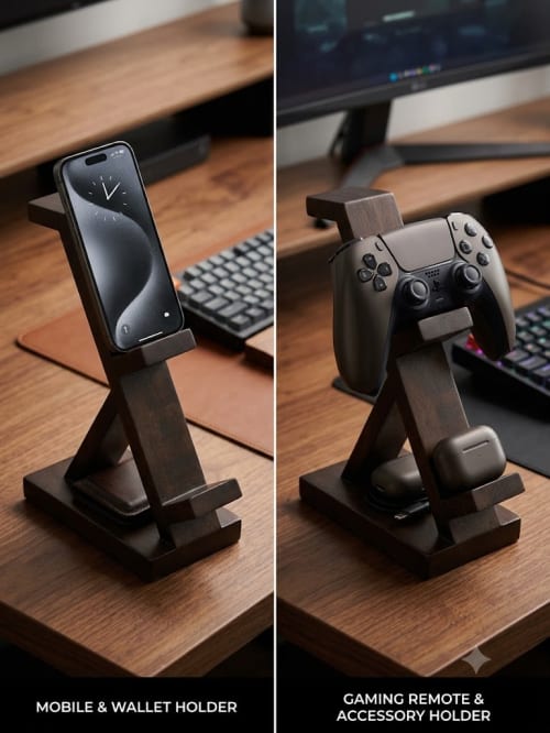 Handcrafted Dual-Tier Wooden Tech Stand | Tableware by Famous Art Group Of Industries