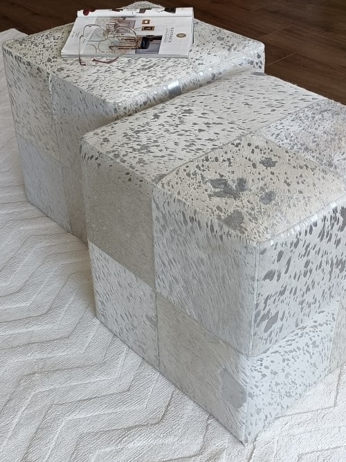 Handmade Leather Ottoman | Lax Design Silver on White Color