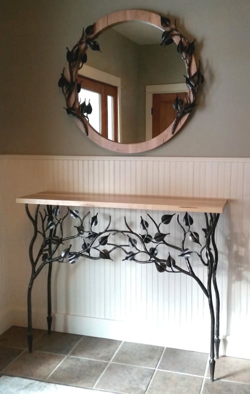 Maple And Iron Console Table With Mirror | Tables by Against the Grain Studio, Inc.