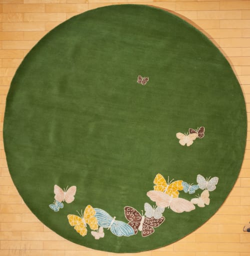 Spirit in the Sky rug. Butterflies on green background | Small Rug in Rugs by Sergio Mannino Studio