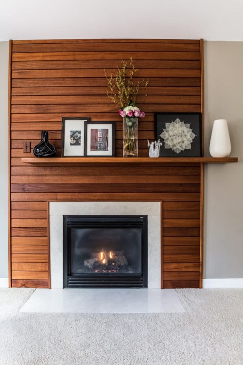 Offset Fireplace Mantel & Surround | Shelving in Storage by Alicia Dietz Studios