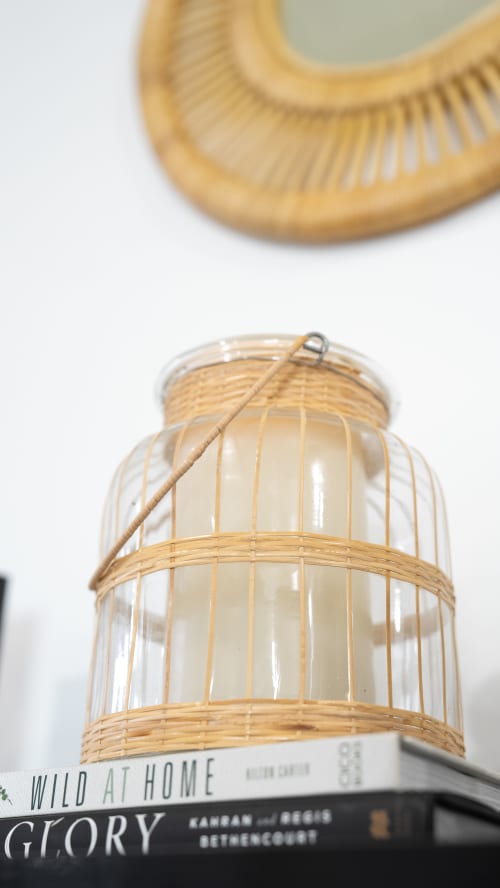 Handmade Natural Rattan and Glass Large Hurricane Candle Hol | Vessels & Containers by Amara