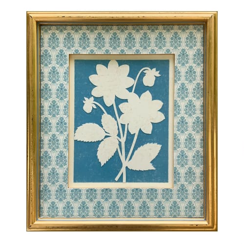 Blue and White Paper-Cut Botanical in Hand-Made Frame | Collage in Paintings by Suzanne Nicoll Studio