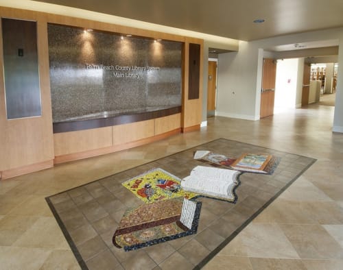 "Books on a Library Floor" inspired by the Unswept Floor Mosaics Pompeii 1A.D. | Public Mosaics by Madison Heights Affordable Senior Residences, Tampa , Florida- Glass and Ceramic Mosaic 10'x30' | Palm Beach County Library in West Palm Beach