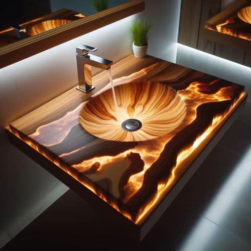 Luxury Wooden & Amber Resin Integrated Sink Vanity Top – Bac | Dining Table in Tables by SK EPOXY CRAFT
