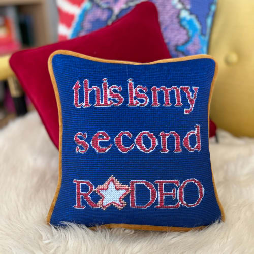 hand-embroidered THIS IS MY SECOND RODEO custom pillow, one | Pillows by Mommani Threads