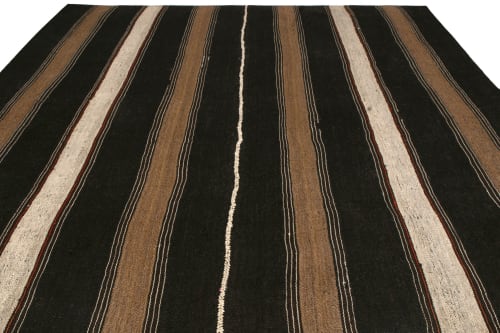 1950s Mid-Century Persian Kilim Black and Beige-Brown Stripe | Rugs by Rug and Kilim