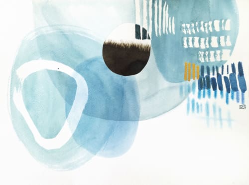 blue circles and lines, abstract original painting 32x24cm | Watercolor Painting in Paintings by Valeria Kondor