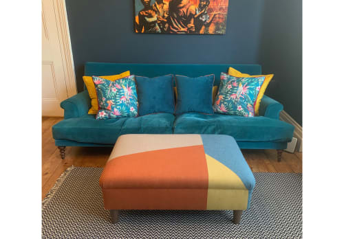 Marlow Large footstool upholstered in colour block geometric | Chairs by Sadie Dorchester