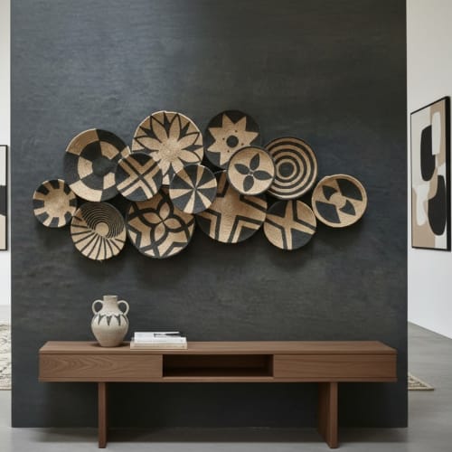 Dark Gray Big African Wall Plates Set Of 13 For Living Room | Decorative Plate in Decorative Objects by Sarmal Design