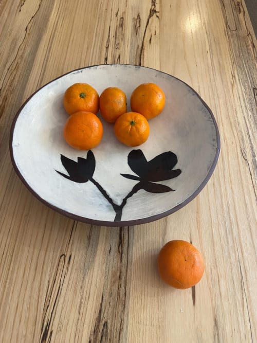 Handmade Black Clay Serving Bowl, Botanical Motif, Rustic Mo | Decorative Objects by cursive m ceramics
