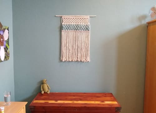Cream Wall Hanging with Aqua Roving | Macrame Wall Hanging by Q Wollock