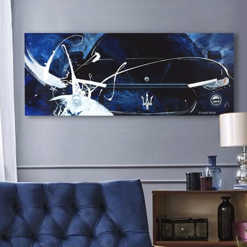 Mysterious Maserati - abstract car in blues and white | Paintings by Lynette Melnyk