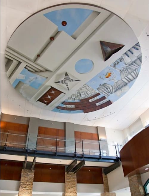 Ceiling Mural with hanging copper sculpture | Public Art by Brenda Mauney Councill | Appalachian State University in Boone