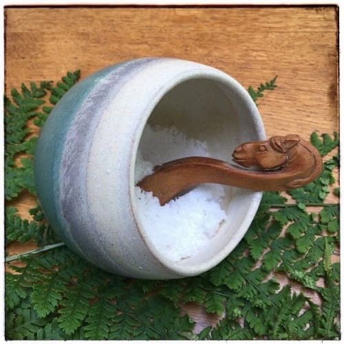 Salt Pig & Handcrafted Spoon in Jade & Cream | Tableware by Rebecca J Woods Ceramics
