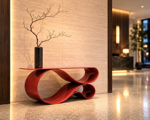 Whorl Console In Red Powered Coated Aluminum by Neal Aronowi | Tables by Neal Aronowitz