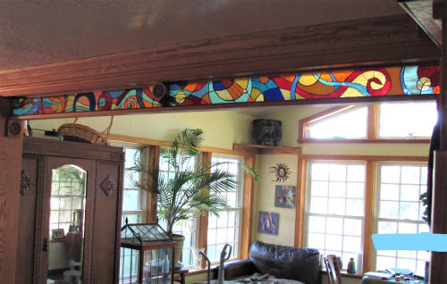 Stained glass mosaic transom | Lighting by JK Mosaic, LLC