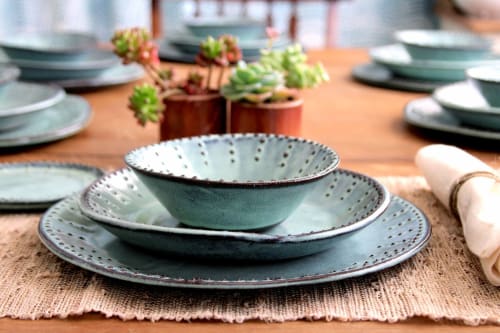 Dot Design Dinnerware Collection in Aqua Mist | Ceramic Plates by Back Bay Pottery | Private Residence in Baywood-Los Osos