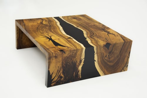 Matte Black Waterfall Epoxy Resin Custom Wood Coffee Table | Tables by Tinella Collection