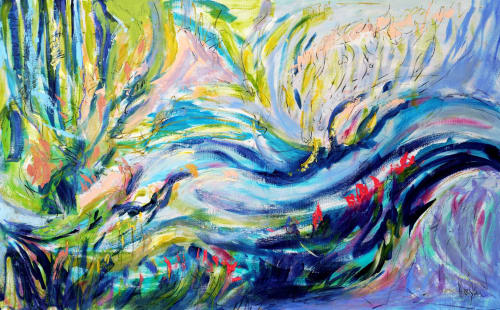 Immersion IV Blue & White Abstract Oil Painting 43" x 70" | Paintings by Dorothy Fagan Fine Arts