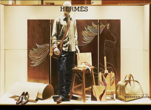 Dallas Hermes Window Display | Embroidery in Wall Hangings by Nosheen iqbal | HERMÈS Dallas Highland Park Village Store in Dallas