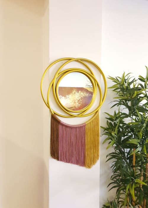 Round Mirror With Gold Edge and Macrame