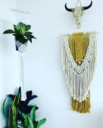Triple Diamond Beaded Mustard and Natural Tone Wall Hanging | Macrame Wall Hanging by Hawks Nest Macrame | Private residence in Tauranga