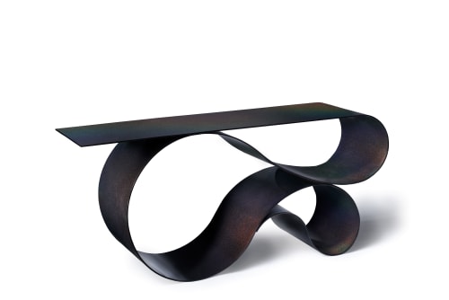 Whorl Console In Black Iridescent Powder Coated Aluminum | Console Table in Tables by Neal Aronowitz