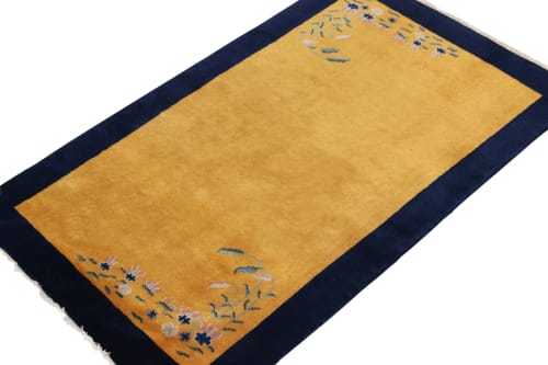 Vintage Chinese Deco style rug in Gold Open Field, Blue | Rugs by Rug and Kilim