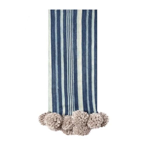 indigo stripe pom pom throw/oatmeal | Apparel in Apparel & Accessories by Charlie Sprout