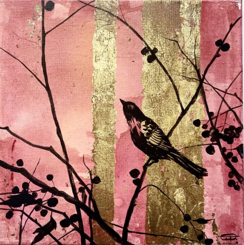 Small painting with gold leafs, nature,trees, birds | Drawing in Paintings by Oplyart