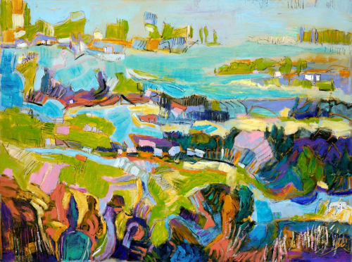Paradise I, Whimsical Coastal Landscape Painting | Oil And Acrylic Painting in Paintings by Dorothy Fagan Fine Arts