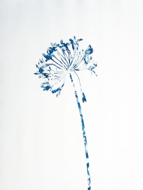 Delft Agapanthus 3 (18 x 24" painting-cyanotype hybrid) | Watercolor Painting in Paintings by Christine So