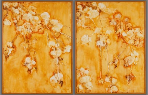 SOLD PRIVATE COLLECTION: CHERRY BLOSSOM GOLD - Diptych | Oil And Acrylic Painting in Paintings by Betty Jo Costanzo