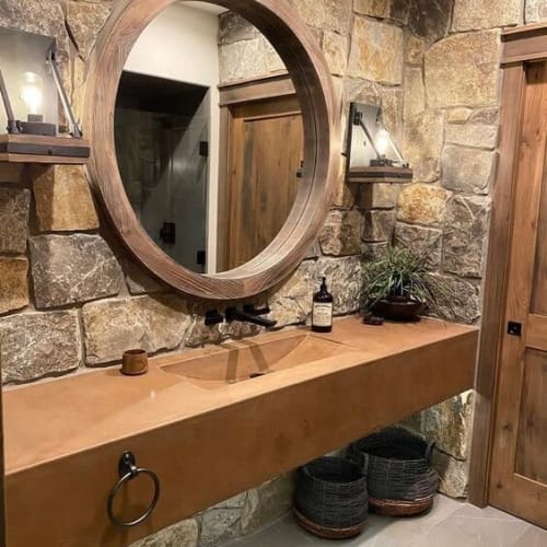 Floating Vanity with Concrete Front Apron | Countertop in Furniture by Wood and Stone Designs