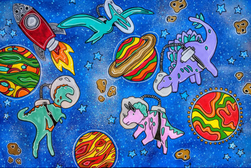 Dino's In Space | Oil And Acrylic Painting in Paintings by Christine Crawford | Christine Creates