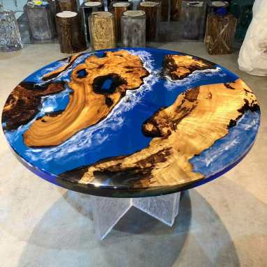 Blue and Black Epoxy Resin Custom Coffee Table with Glass Top