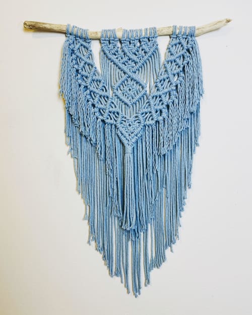 Light Blue Macrame Wall Hanging With Fringe Blue Modern Macrame Tapestry By Cosmic String Fiber Art Seen At Private Residence Chicago Wescover