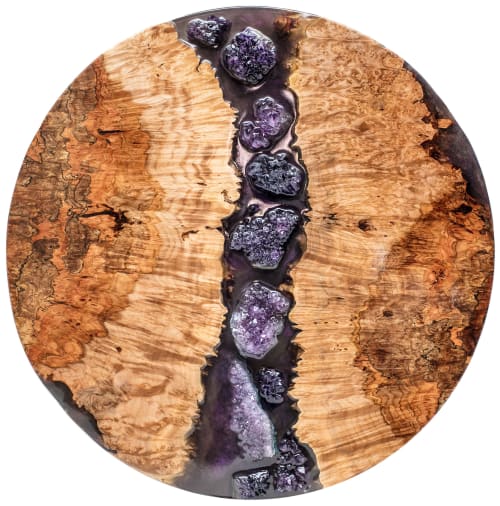 Epoxy Resin Art with Amethyst Crystals & Maple Burlwood | Wall Hangings by Lumberlust Designs