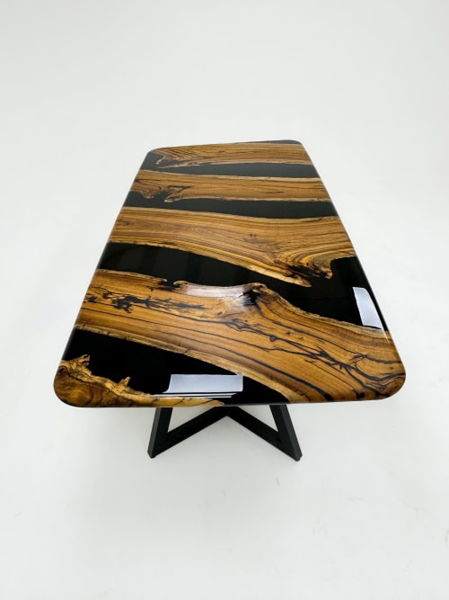 Black Olive Wood Epoxy Resin River Dinner Table - Live Edge | Dining Table in Tables by Tinella Collection