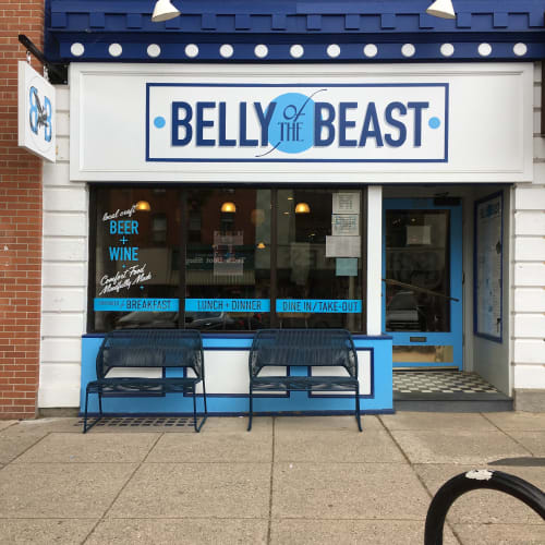 Hand painted storefront signage | Signage by Need Signs Will Paint | Belly of the Beast in Northampton