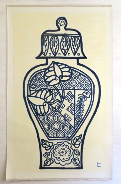 Large blue jar with hollyhock, wisteria and Japanese traditi | Oil And Acrylic Painting in Paintings by Hikaru O