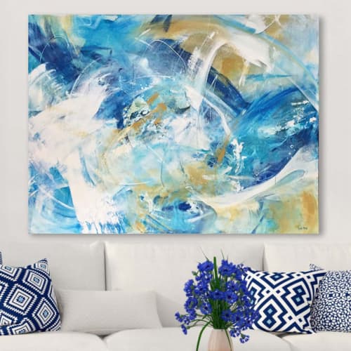 Breathe - beach ocean abstract art in blues, white, beiges | Paintings by Lynette Melnyk
