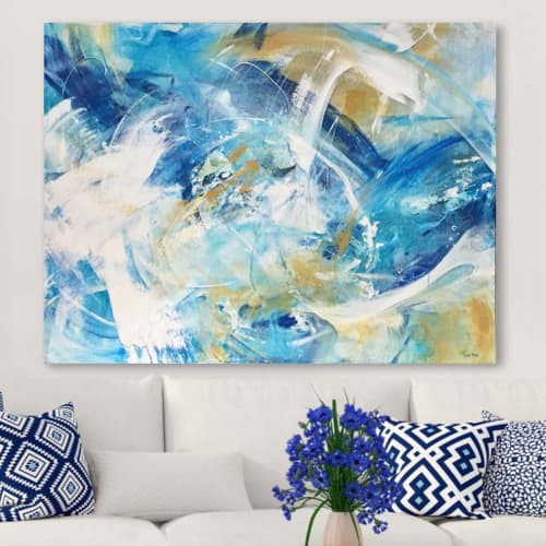 Breathe - beach ocean abstract art in blues, white, beiges | Oil And Acrylic Painting in Paintings by Lynette Melnyk