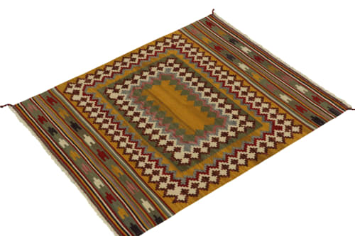 1980s Vintage Sofreh Kilim rug in Gold, Green and White | Rugs by Rug and Kilim