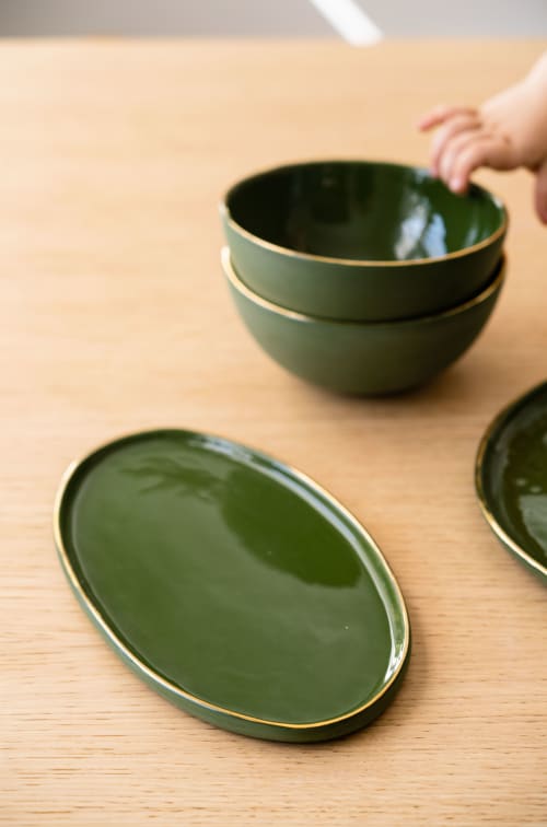 Handmade Oval Porcelain Serving Platter with Gold Rim. Green | Serveware by Creating Comfort Lab | New York in New York