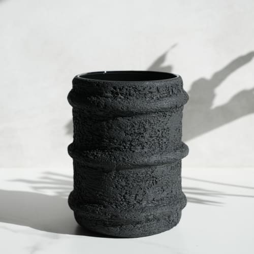 Wide Cylinder Vase in Striped Carbon Black Concrete | Vases & Vessels by Carolyn Powers Designs