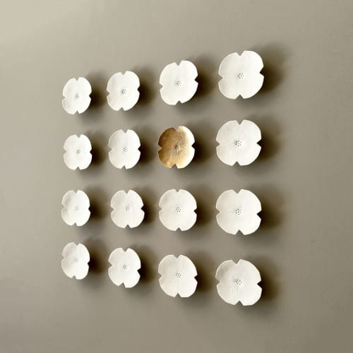 16 Ceramic Flowers White & Gold | Wall Hangings by Elizabeth Prince Ceramics